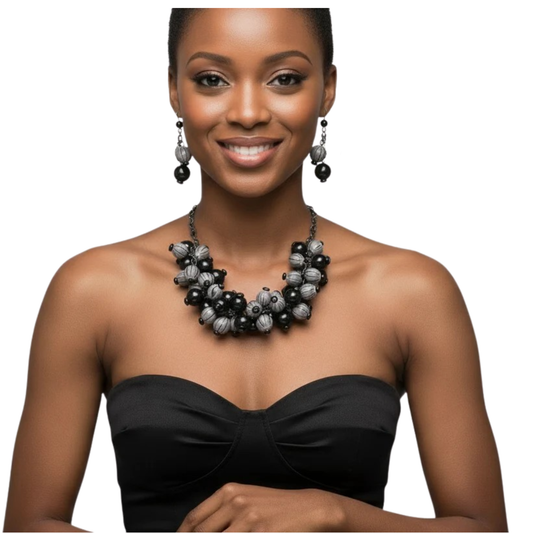 Chunky Black and Grey Beaded Necklace and Matching Dangle Earings