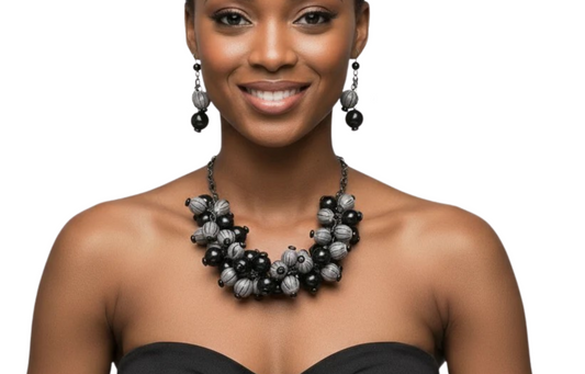 Chunky Black and Grey Beaded Necklace and Matching Dangle Earings