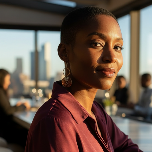 Woman in a maroon shirt standing in a modern office with cityscape view