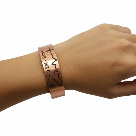 Copper Etched Faith, Hope, Love Pulse Line Bracelet