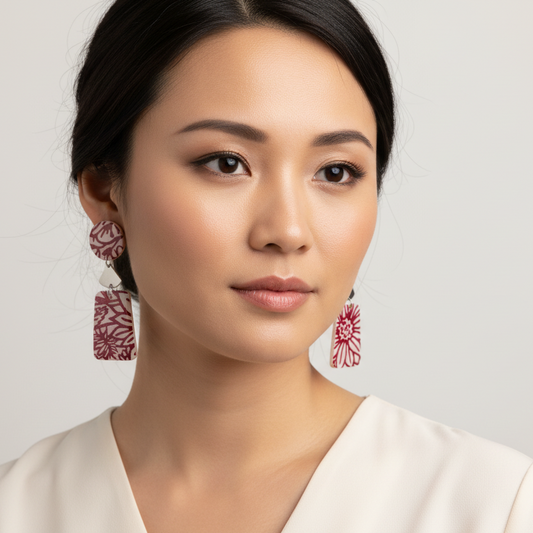 Red and White Clay Rectangle Earrings