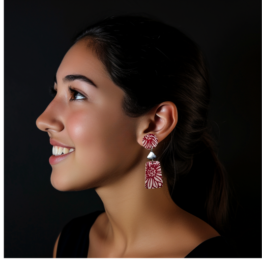 Red and White Clay Rectangle Earrings