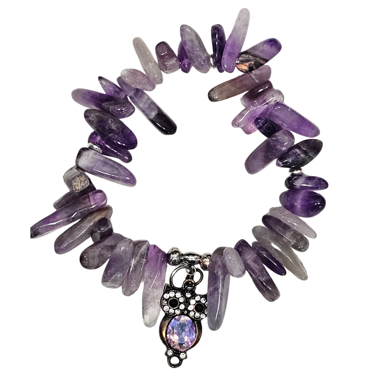 Amethyst gemstone stretch bracelet with deep purple chips and a crystal owl charm with a purple gem pendant.
