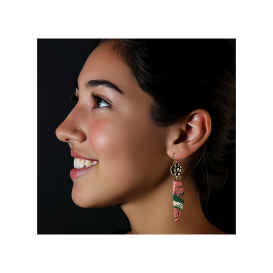 Pink and Green Palm Leaf drop Earrings