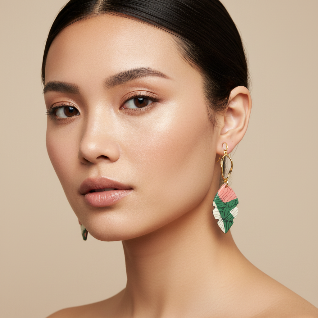 Pink and Green Leaf drop Earrings