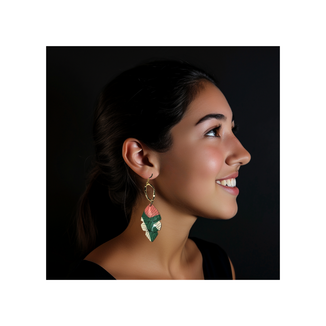 Pink and Green Leaf drop Earrings