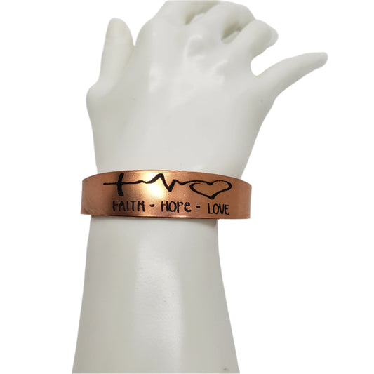Copper Etched Faith, Hope, Love Pulse Line Bracelet