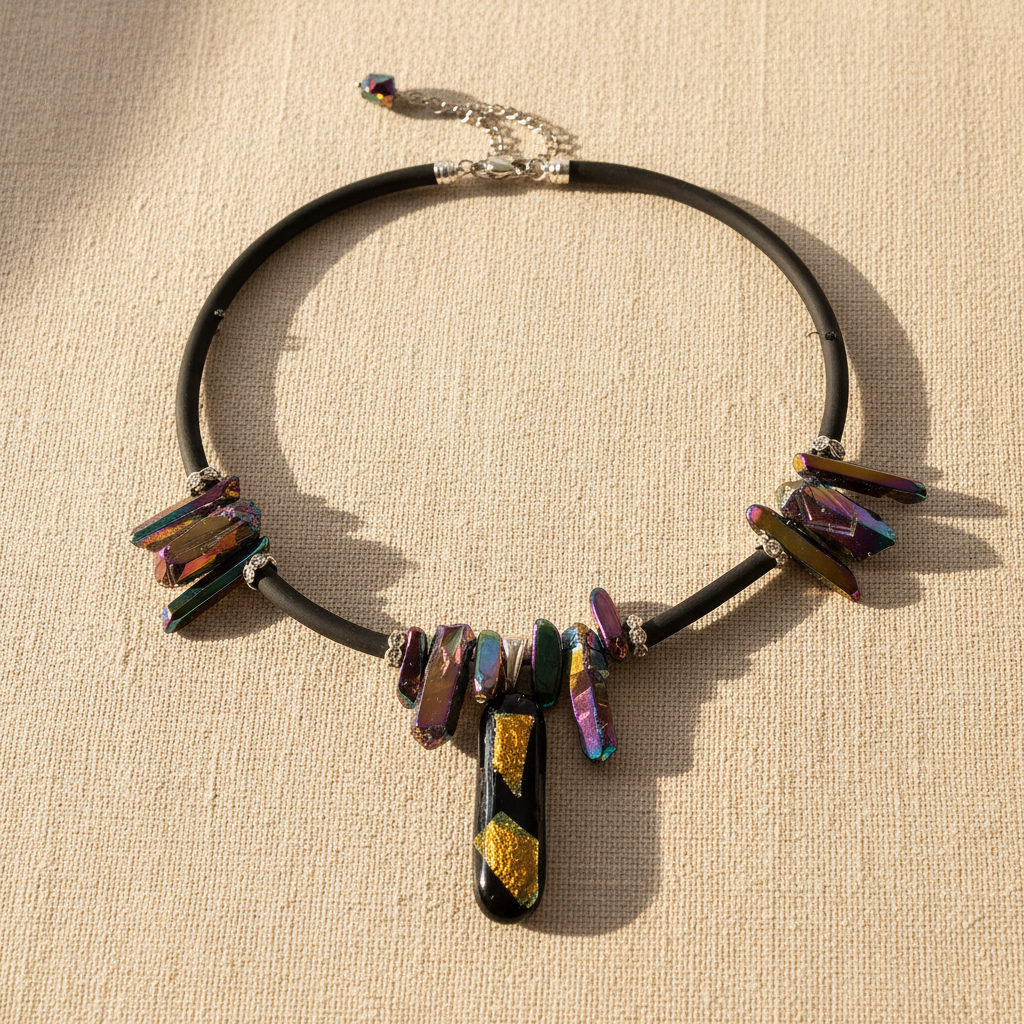 Necklace with multicolored beads on a white background