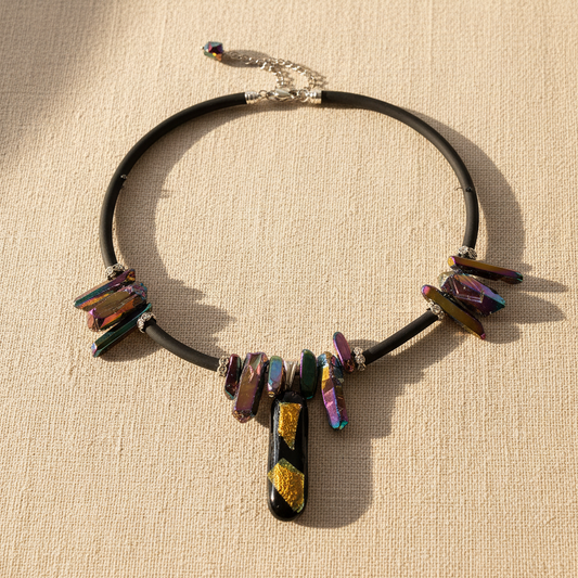 Necklace with multicolored beads on a white background