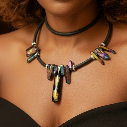 Aurora Borealis Quartz and Fused Dichroic Beaded Necklace