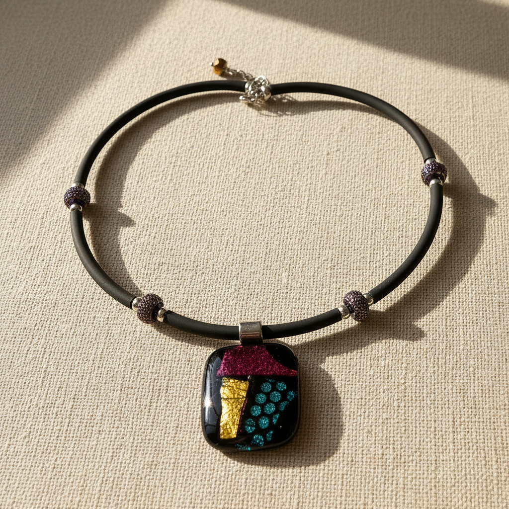 Necklace with a colorful pendant on a beige fabric background