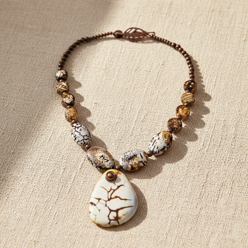 Necklace with beads and a large teardrop-shaped stone on a beige fabric background
