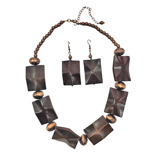 Carved Wood and Copper Necklace Set