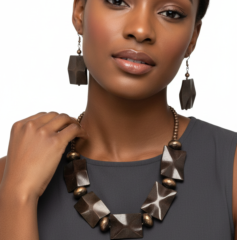 Carved Wood and Copper Necklace Set