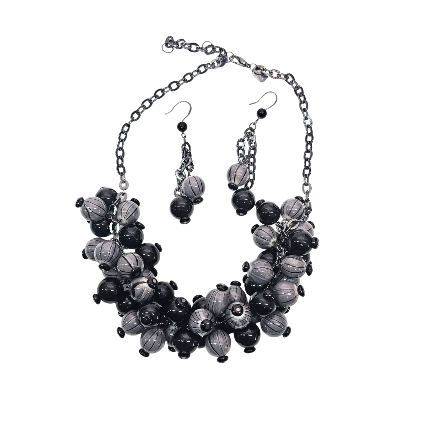 Chunky Black and Grey Beaded Necklace and Matching Dangle Earings