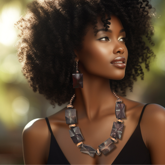 Carved Wood and Copper Necklace Set