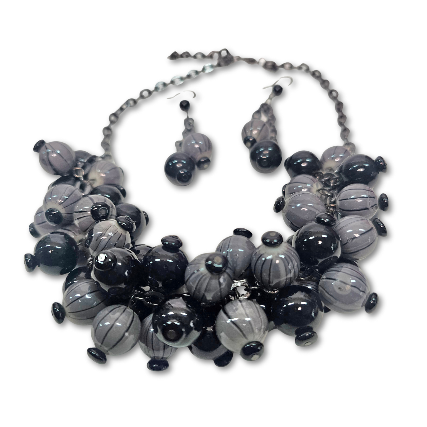Chunky Black and Grey Beaded Necklace and Matching Dangle Earings