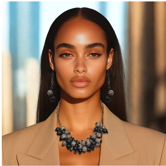 Chunky Black and Grey Beaded Necklace and Matching Dangle Earings