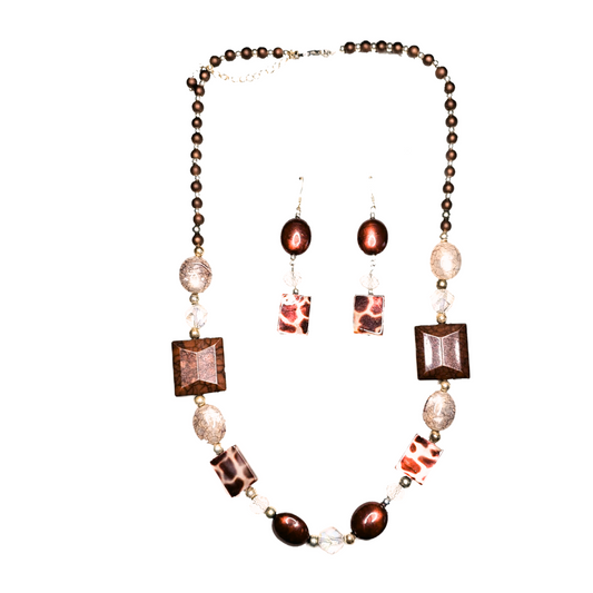 Wine and Latte Beaded Necklace and Earrings set