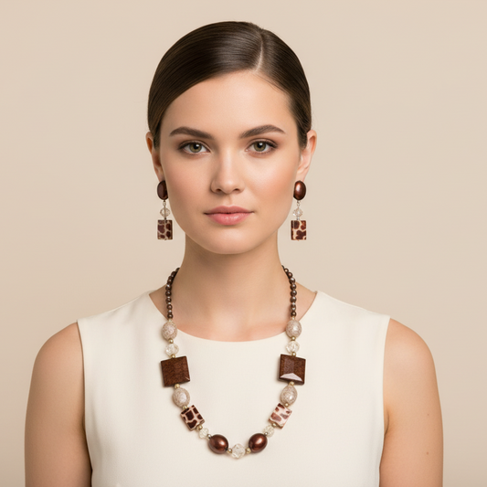 Wine and Latte Beaded Necklace and Earrings set