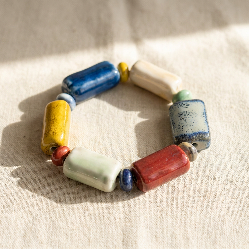 One of a kind ceramic puff bead stretch bracelet with cobalt, ochre, terracotta, and sage glazed beads by Designs by DRL