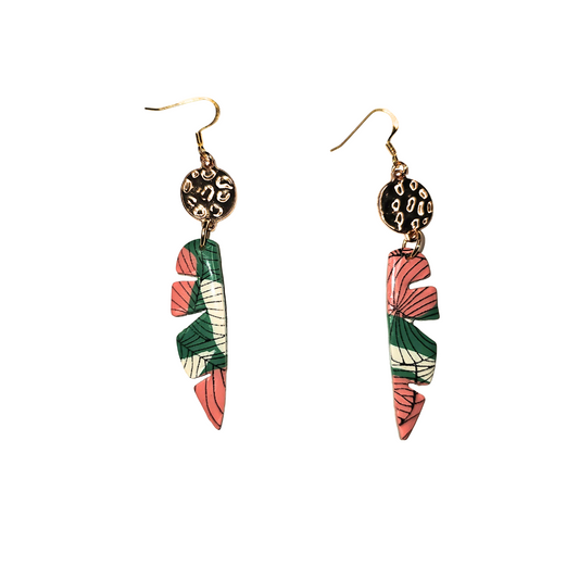 Pink and Green Palm Leaf drop Earrings