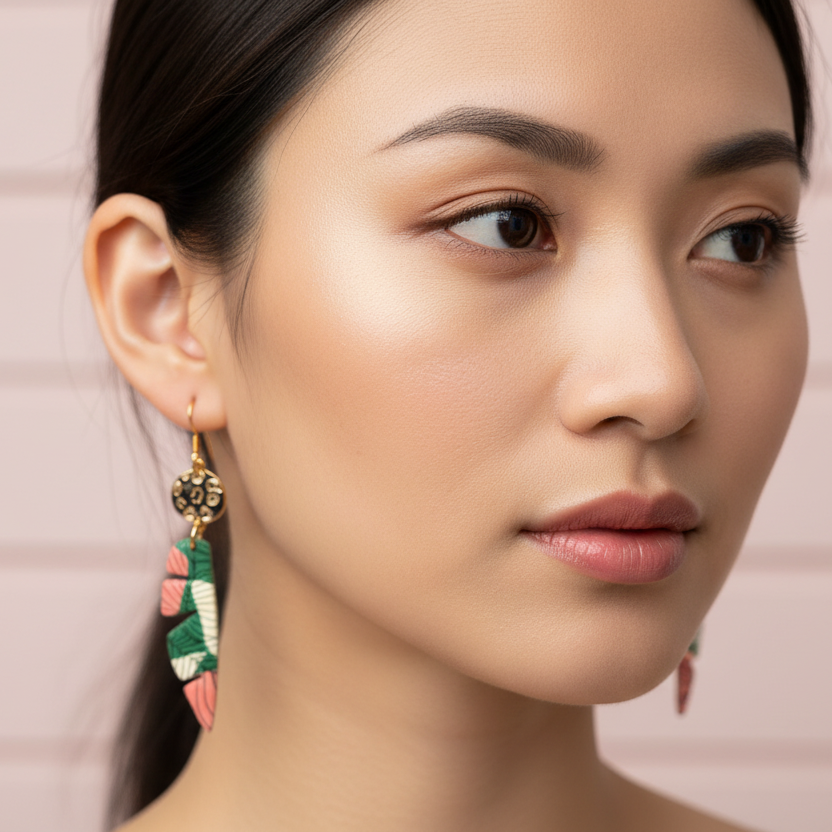 Pink and Green Palm Leaf drop Earrings