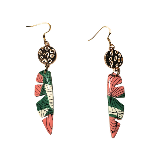 Pink and Green Palm Leaf drop Earrings