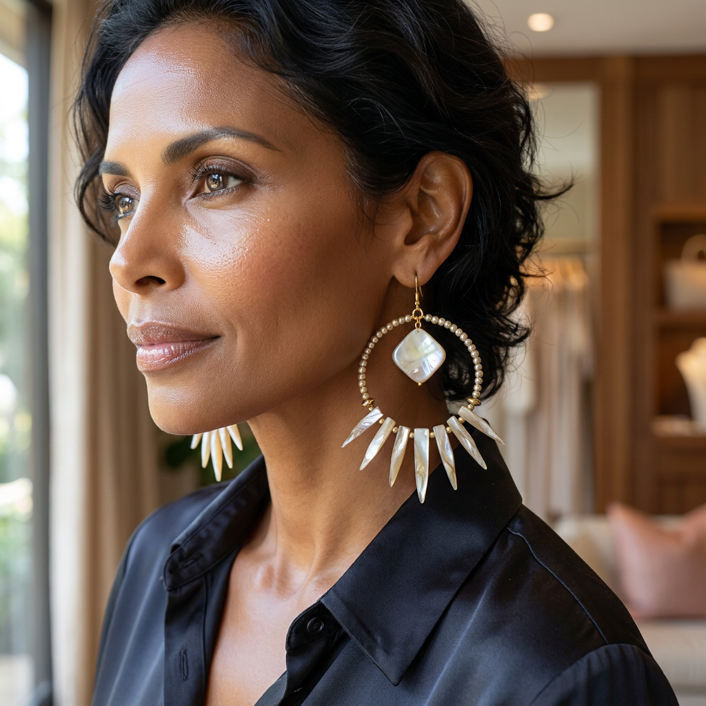 Surge shell fringe statement hoop earrings by Designs by DRL on ear