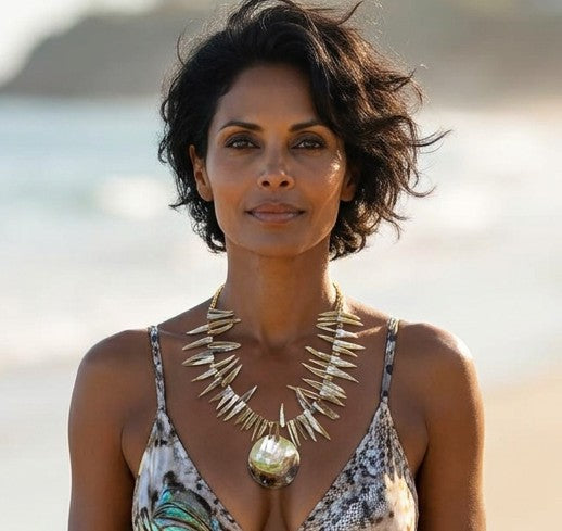 Hand-selected spiked shell fringe pendant necklace by Designs by DRL Shore Light collection