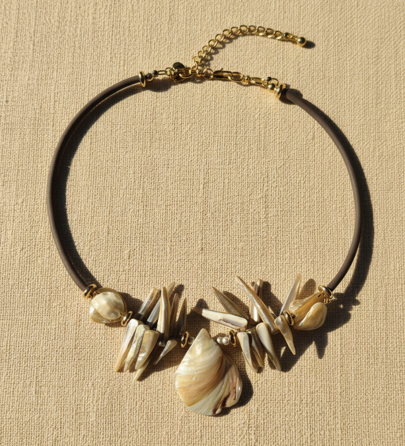 Designs by DRL Shoreline iridescent shell choker necklace 16 inch gold hardware front view