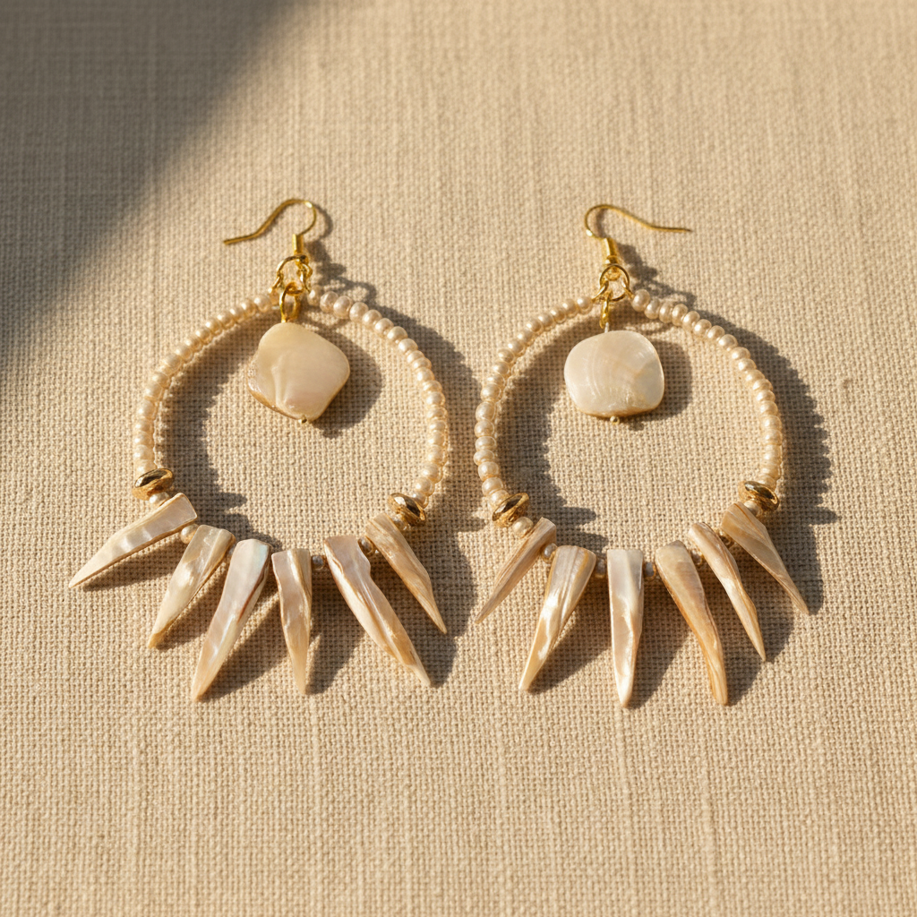 Designs by DRL Surge iridescent shell fringe hoop earrings 4 inch gold hardware front view