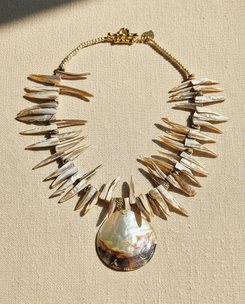 Designs by DRL The Arrival iridescent shell fringe statement necklace with gold hardware front view