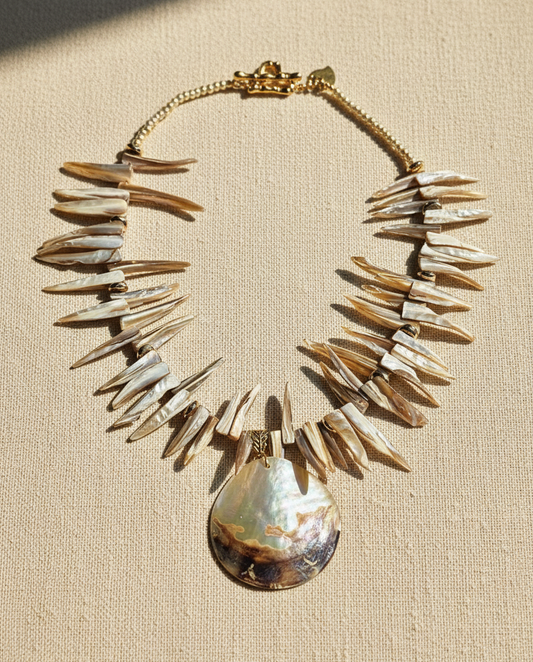 Designs by DRL The Arrival iridescent shell fringe statement necklace with gold hardware front view