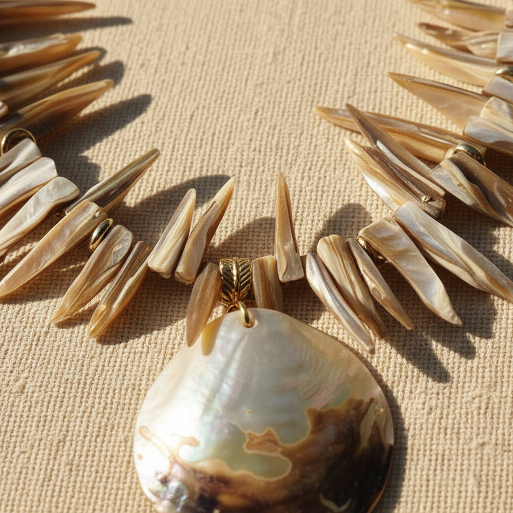 Close up of iridescent shell pendant necklace The Arrival by Designs by DRL