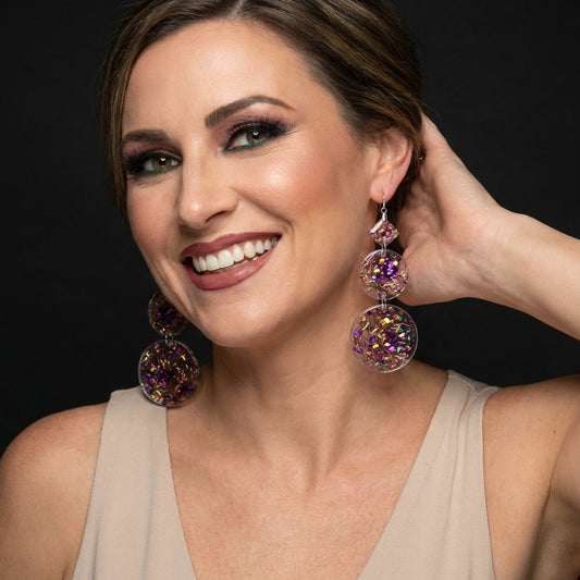 Round Mardi Gras Shimmer Drop Earrings