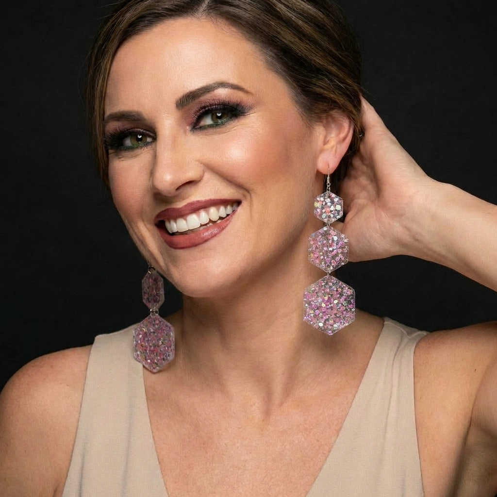 Acrylic Hexagon Shimmer Drop Earrings