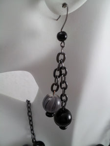 Chunky Black and Grey Beaded Necklace and Matching Dangle Earings