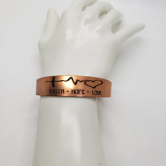 Copper Etched Faith, Hope, Love Pulse Line Bracelet