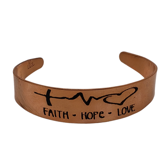Copper Etched Faith, Hope, Love Pulse Line Bracelet